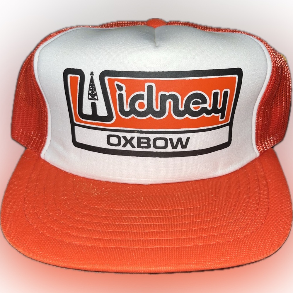 Vintage Widney Oxbow Trucker Hat – Orange & White Mesh Snapback – Made in Korea